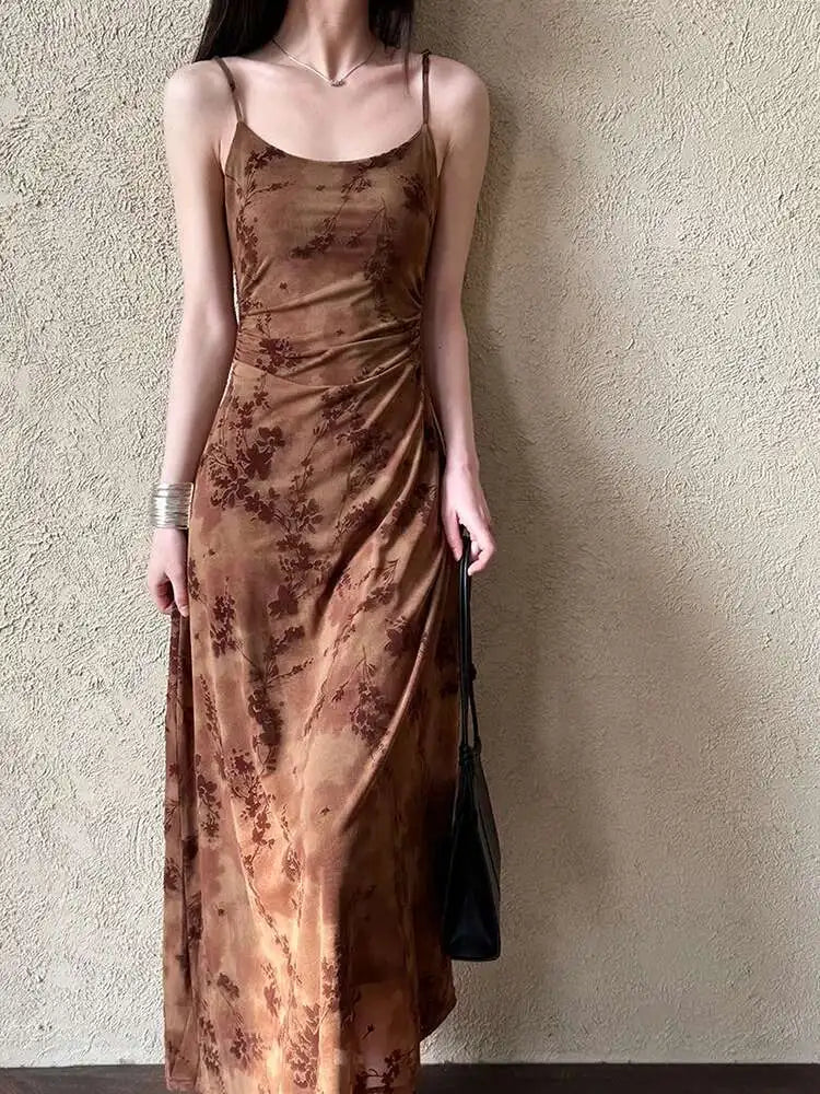 Women Brown Printed Vintage Long Spaghetti Strap Dress New Round Neck Sleeveless Fashion Tide Spring Summer 2025 1DJ0289