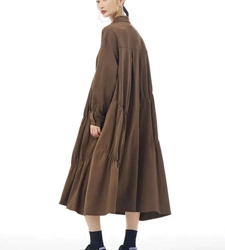 Women Coffee Pleated Spliced Big Size Midi Shirt Dress New Lapel Long Sleeve Fashion Tide Spring Autumn 2025 1DH7416