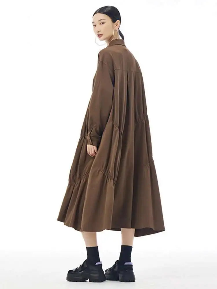 Women Coffee Pleated Spliced Big Size Midi Shirt Dress New Lapel Long Sleeve Fashion Tide Spring Autumn 2025 1DH7416