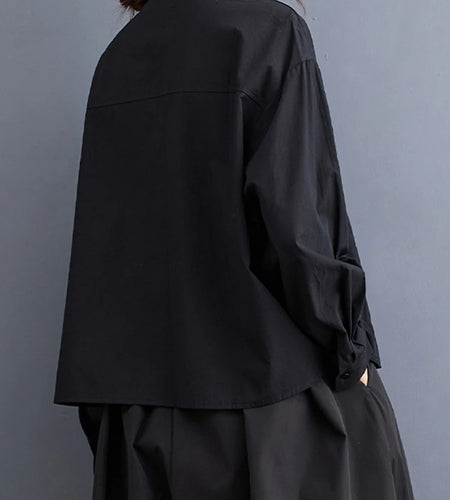 Women Black Vintage Buckle Big Size Elegant Blouse New Lapel Long Sleeve Shirt Fashion Tide Spring Autumn 2025 1DH6749