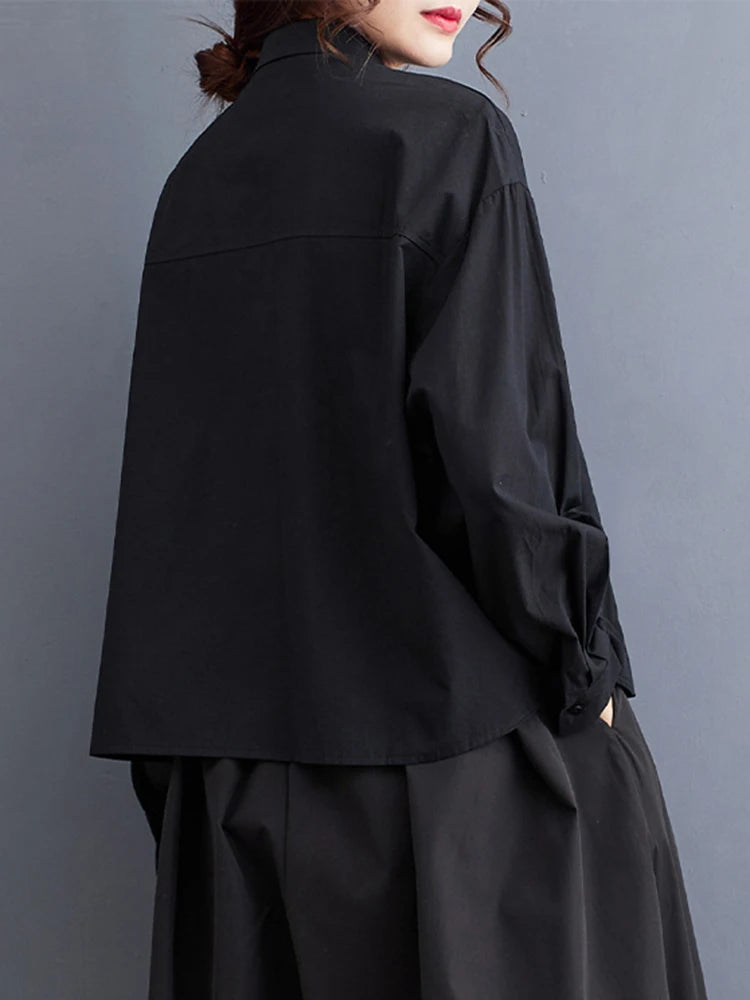 Women Black Vintage Buckle Big Size Elegant Blouse New Lapel Long Sleeve Shirt Fashion Tide Spring Autumn 2025 1DH6749