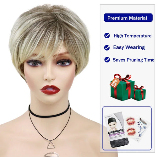 Load image into Gallery viewer, Synthetic Hair Blonde Wig with Bangs Natural Short Wig for White Woman High Temperature Blond Ombre Mommy Wig for Daily
