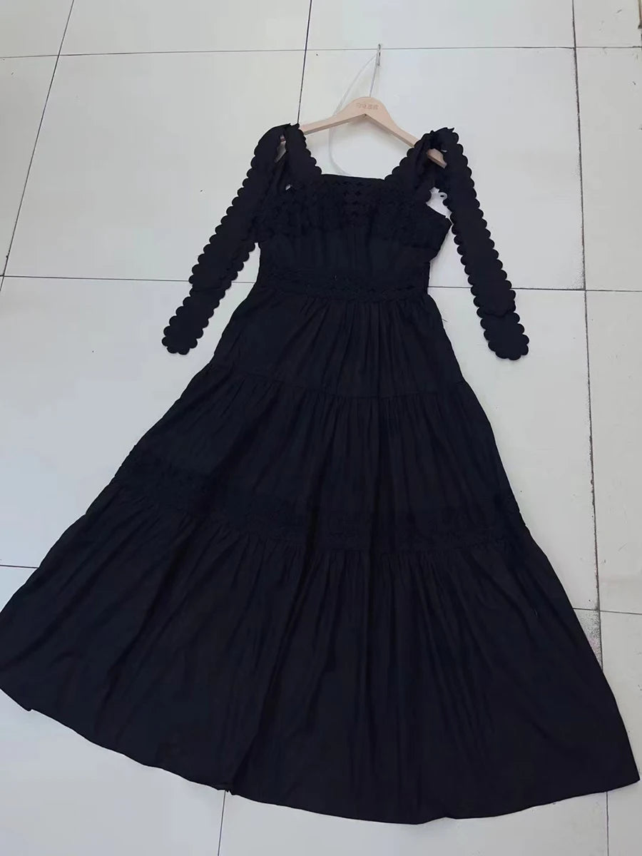 Solid Soliced Lace Up Slimming Dresses For Women Square Neck Sleeveless High Waist Temperament Dress Female Fashion