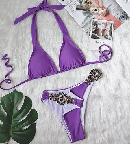 Brazilian Bikini 2024 Halter Luxury Colored Diamonds Swimsuit Sexy Push Up Swimwear Women Two Pieces Bathing Suit