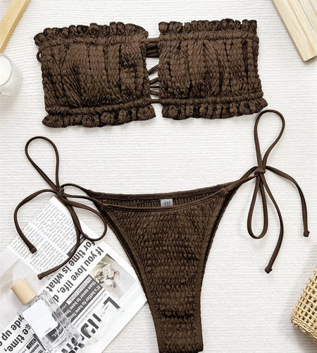 Sexy Pleated Bandeau Bikini Set Thong Women Swimwear 2024 Brazilian Swimsuit Female Bandage Bathing Suit