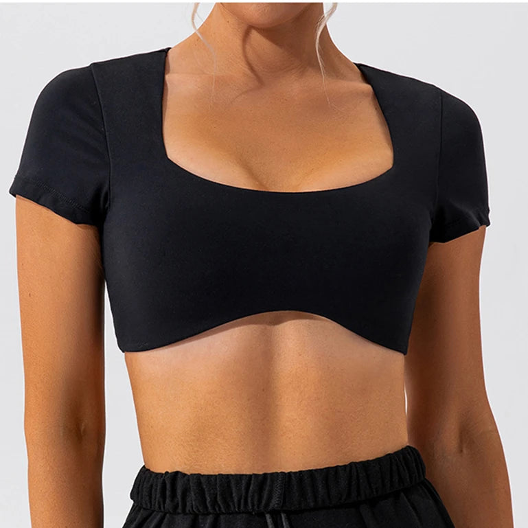 Fitness Bra Short Sleeve Simple Shockproof Sports Curved Hem Yoga Shirt Slim Fit Crop Top Run Gym Shirts Women Active Wear
