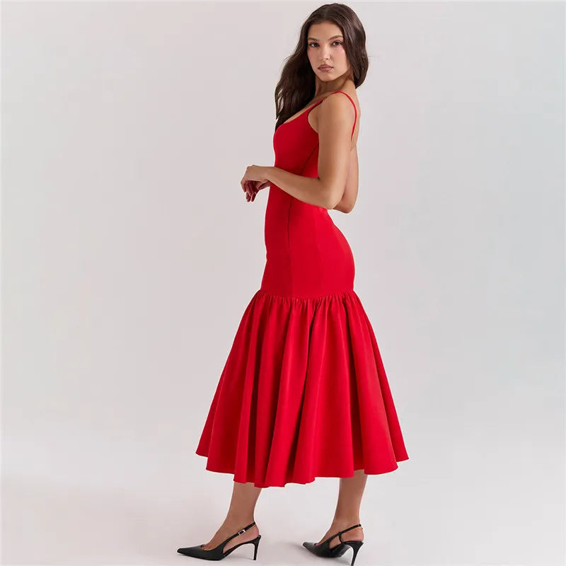Backless Maxi Fishtail Dress For Women Gown Fashion Square Collar Sleeveless Loose Pleated Long Dress Elegant Dresses