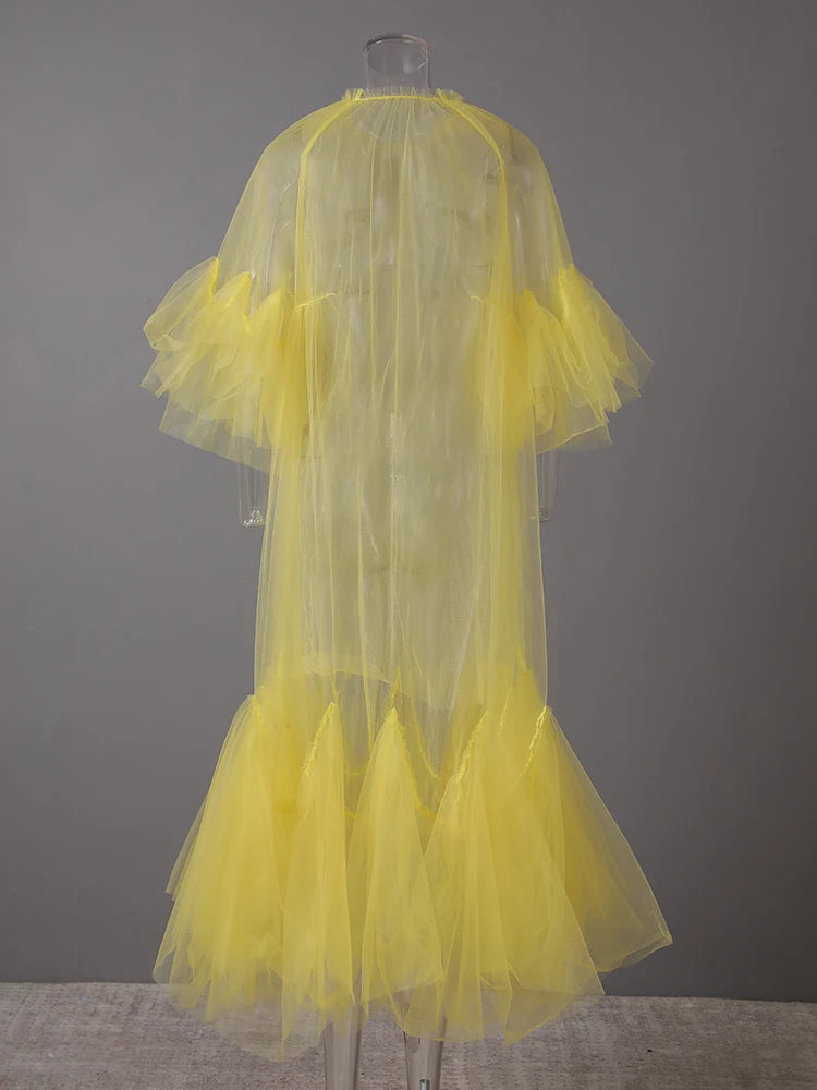 Women Black Ruffles Long Big Size Dress New Round Neck Three-quarter Sleeve Loose Fit Fashion Spring Summer 2025 JR77101