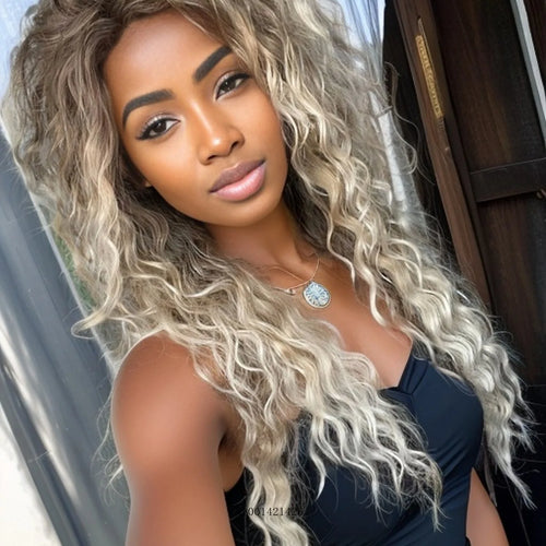 Load image into Gallery viewer, Synthetic Hair Long Curly Wigs for Black Women Gradient Color Blonde Wigs with Side Bangs Big Volume Hair Wigs Natural Hairstyle
