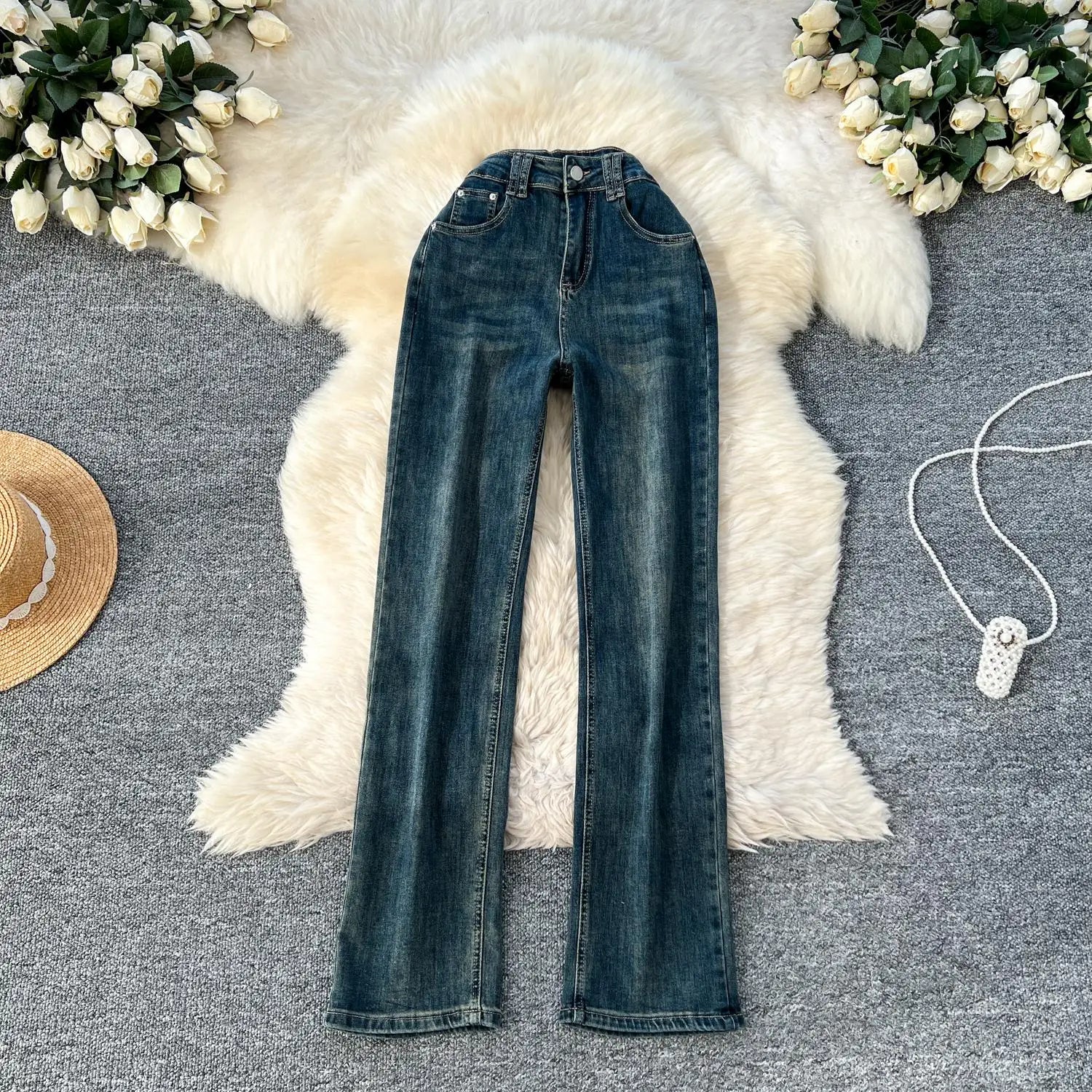 Spring Korean Version Vintage Blue High Waist Straight Denim Pant Women Ankle-length Wide Leg Jeans Fashion Popular Trousers New
