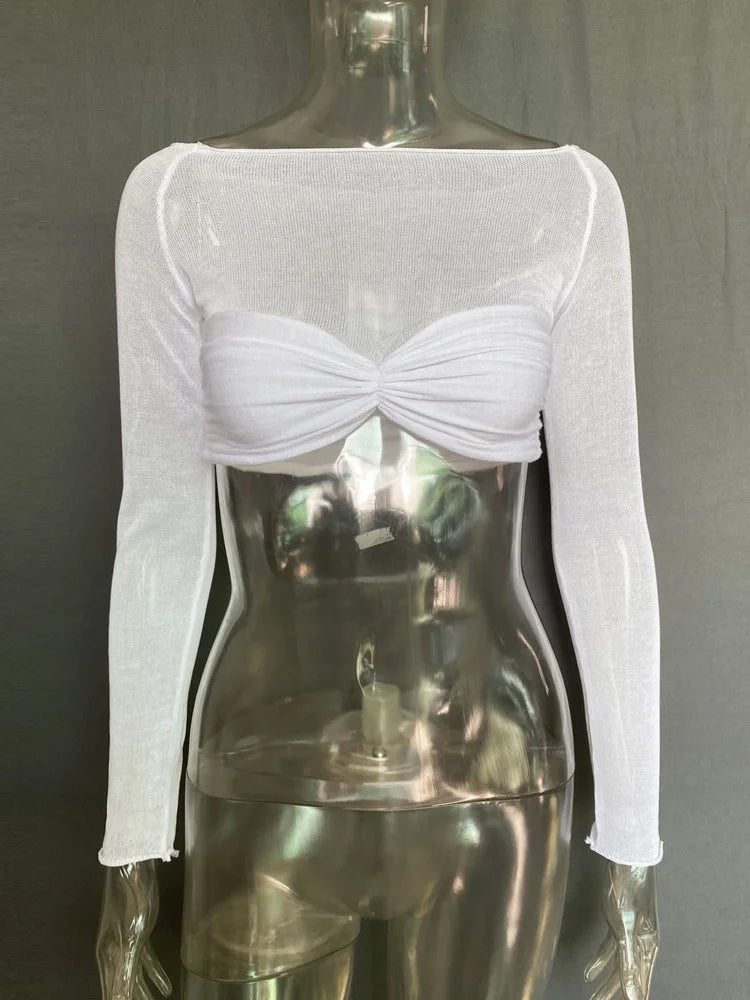 See Through Mesh Crop Top Women Pullovers Strapless Short Knit Cropped Tops Ladies Tee Shirt Sexy Off-shoulder T-shirt