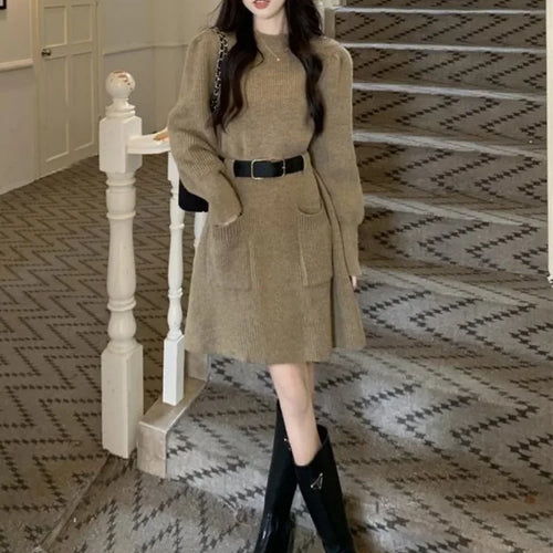 Load image into Gallery viewer, Autumn Winter Knitted Sweater Dress Women Vintage Knit Long Sleeve Mini Short Dresses with Belt
