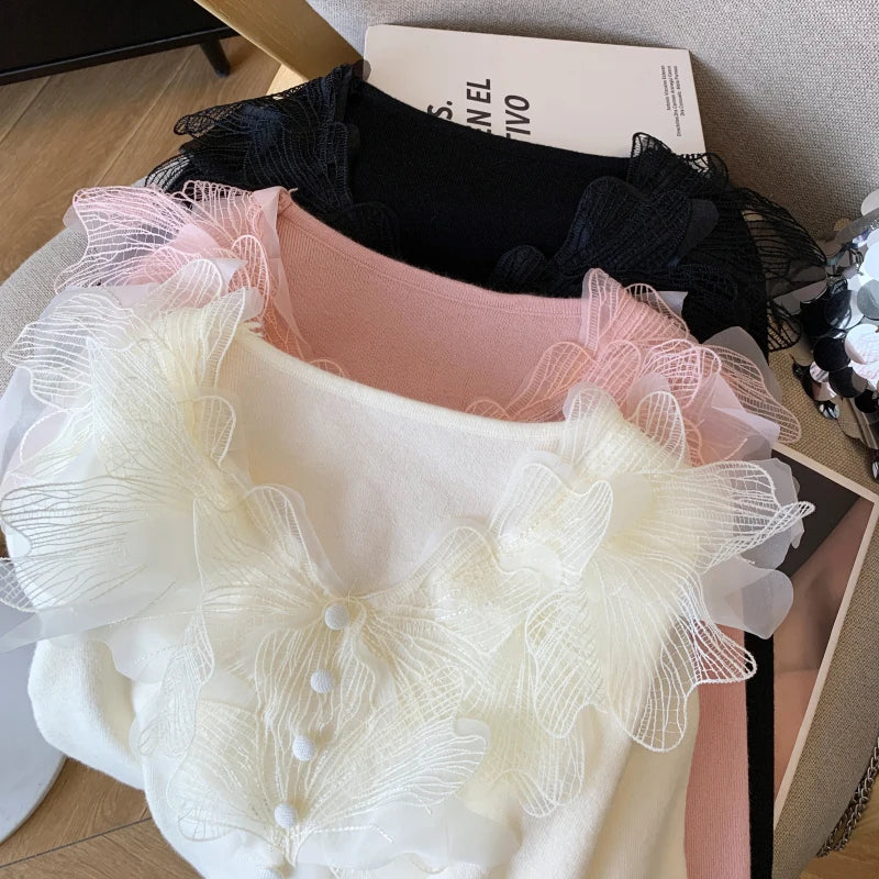 Autumn Winter Black Beige Elegant V Neck Short Knitted Sweater French Women Pink Single Breasted Long Sleeved Pullover Tops Chic