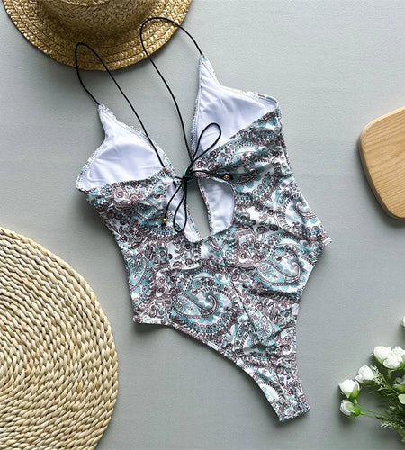 Sexy Print Deep V Neck Women Swimwear Hollow Out One Piece Swimsuit Female Monokini Backless Bathing Suit