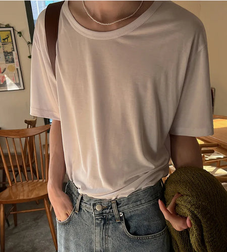 Men's T-shirts Short Sleeve New Summer Loose Round Neck Design Korean Solid Color Simple Trendy Pullover Male Top 9W1619