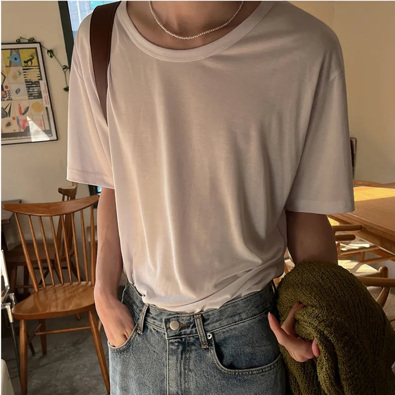 Men's T-shirts Short Sleeve New Summer Loose Round Neck Design Korean Solid Color Simple Trendy Pullover Male Top 9W1619