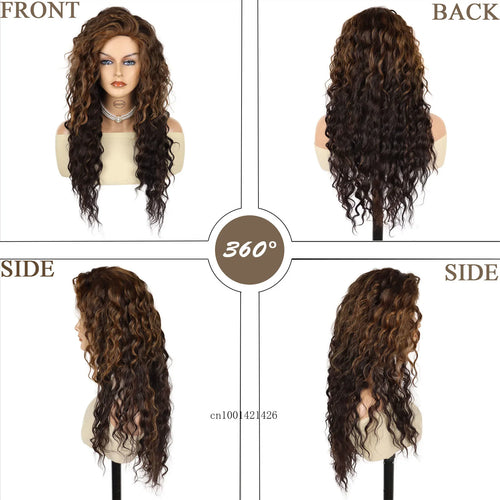 Load image into Gallery viewer, Long Wavy Haircuts Synthetic Hair Curly Wig Mix Brown with Highlights Fluffy Style Thick Wig with Free Part Bangs Halloween Cos
