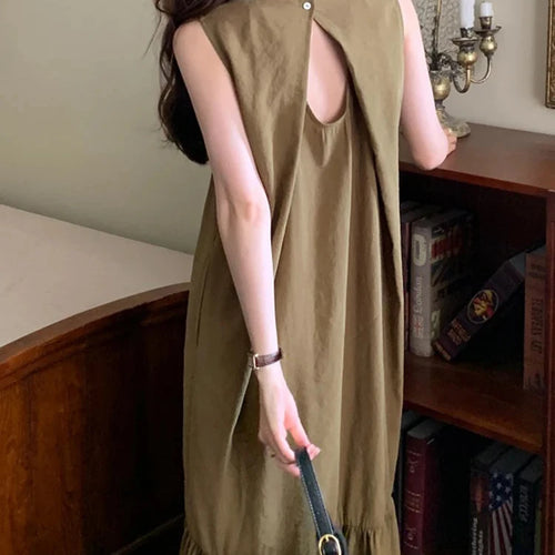 Load image into Gallery viewer, Elegant Solid Color Sleeveless Straight Dress Loose Backless Simple O-neck Summer Women Dresses Summer Korean Style Dress
