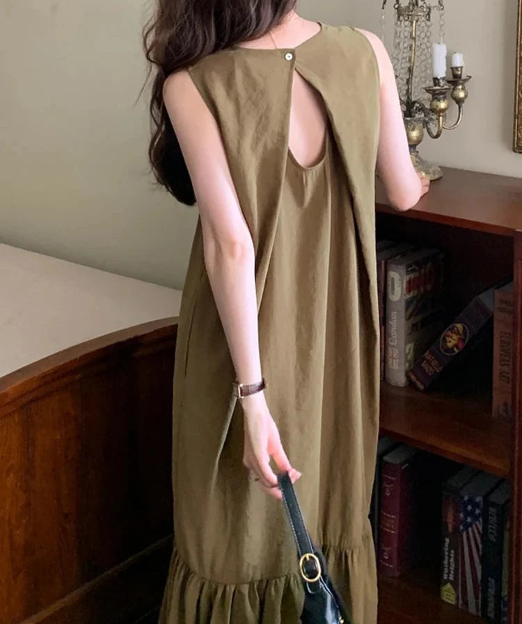 Elegant Solid Color Sleeveless Straight Dress Loose Backless Simple O-neck Summer Women Dresses Summer Korean Style Dress