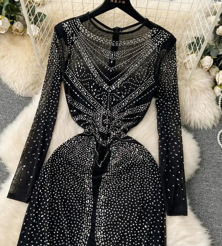 Autumn Black Sexy Club Diamond Long Sleeve Back Zipper Bodycon Split Long Dress Women Vintage Elegant Festival Party Gowns Dress