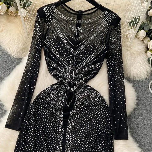Load image into Gallery viewer, Autumn Black Sexy Club Diamond Long Sleeve Back Zipper Bodycon Split Long Dress Women Vintage Elegant Festival Party Gowns Dress
