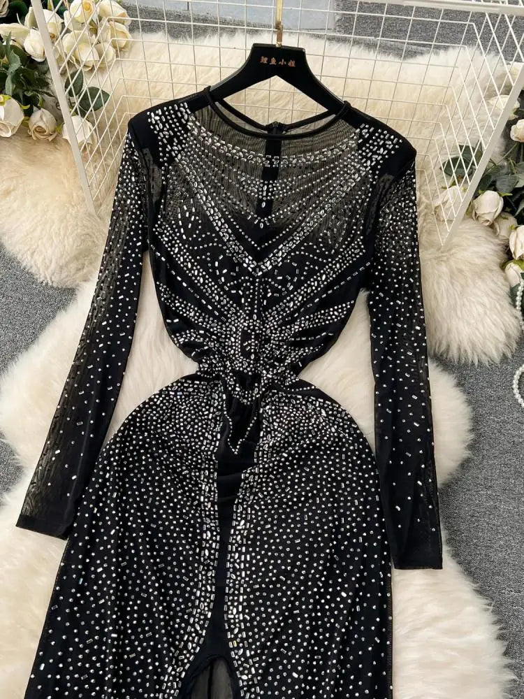 Autumn Black Sexy Club Diamond Long Sleeve Back Zipper Bodycon Split Long Dress Women Vintage Elegant Festival Party Gowns Dress