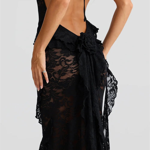 Load image into Gallery viewer, Lace Backless Sexy Maxi Dress Women Gown Halter Lace-up Sleeveless Bodycon Elegant Ruffle Beach Club Long Dress 2025
