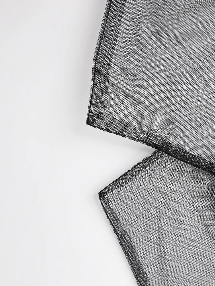 Women Black Mesh Ruffles Perspective Long Blazer New Lapel Long Sleeve Jacket Fashion Tide Spring Summer 2025 CPDB110