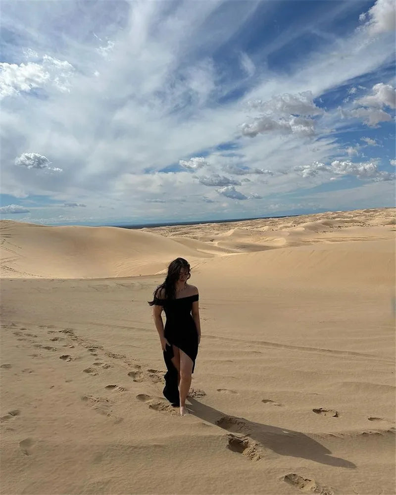 Elegant Off-shoulder High Split Maxi Dress Women Fashion Strapless Sleeveless Backless Bodycon Club Party Sexy Dress