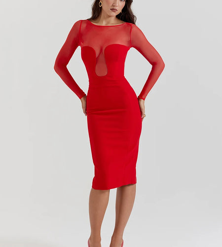 Elegant Strapless Sexy Midi Dress For Women Fashion Sheer Long Sleeve Backless Split Bodycon Club Party Sexy Long Dress