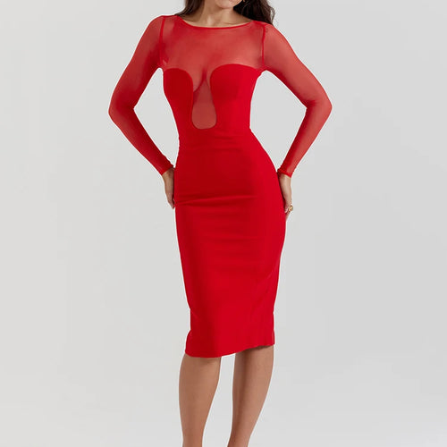 Load image into Gallery viewer, Elegant Strapless Sexy Midi Dress For Women Fashion Sheer Long Sleeve Backless Split Bodycon Club Party Sexy Long Dress
