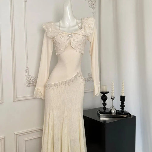 Load image into Gallery viewer, French Fashion Women's Beige Lace Tassel Long Sleeve Ruffles Dress 2024 Autumn Vintage New High Waist Pleated Fishtail Dresses
