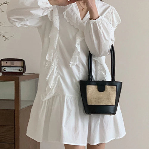 Load image into Gallery viewer, Ruffled White Sweet V-neck Female Dresses French Style Slight Stretch Hollow Out Solid Color Spring Summer Women&#39;s Dress
