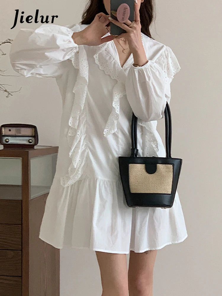 Ruffled White Sweet V-neck Female Dresses French Style Slight Stretch Hollow Out Solid Color Spring Summer Women's Dress