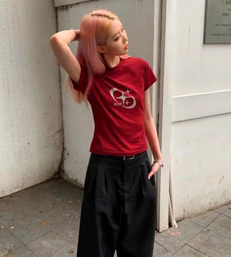 Red T-shirts for Women Y2k Tops Vintage Short Sleeve Print Tees Streetwear Tunic Tshirt Casual Fashion T Shirts 2024 Ropa Mujer