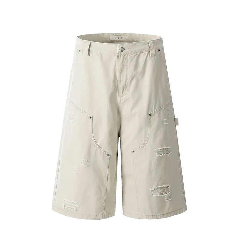 Men's Jeans New American Washed Distressed Denim Shorts High Street Loose Wide Leg Cropped Pants Solid Color Bottoms 9W1715