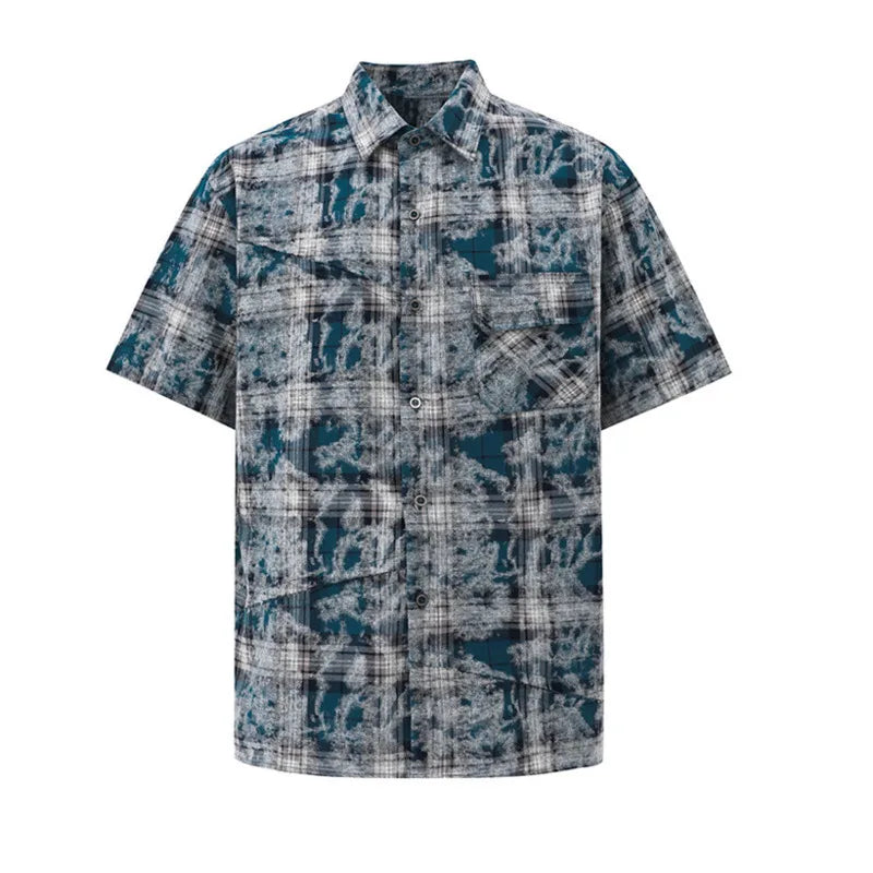 Men's Tie Dye Short Sleeve Shirts New Summer Loose Plaid Korean Turn-down Collar Trendy Male Clothing Loose Fiting 9W1626