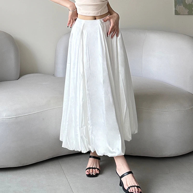 Fashion Folds Bud White Satin Skirt Long Chic Solid Elegant Loose Maxi Skirt Female Boho Vacation Outfits Draped