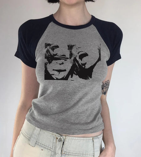 Streetwear Graphic Printed Casual Summer Tops Cropped T shirt Women Patchwork Raglan Sleeve Tee Contrast Color Tops