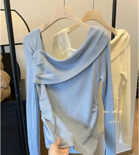 Autumn Winter Solid Temperament Sexy Slim Off Shoulder Long Sleeve Knitting Sweater Women Office Fashion Pleated Tops New Simple