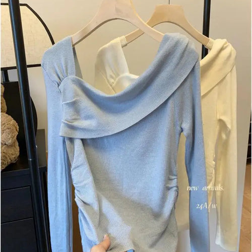 Load image into Gallery viewer, Autumn Winter Solid Temperament Sexy Slim Off Shoulder Long Sleeve Knitting Sweater Women Office Fashion Pleated Tops New Simple
