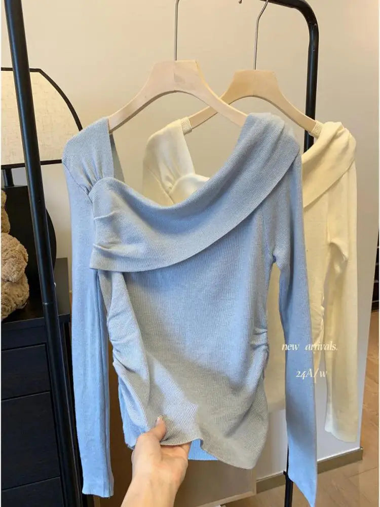 Autumn Winter Solid Temperament Sexy Slim Off Shoulder Long Sleeve Knitting Sweater Women Office Fashion Pleated Tops New Simple