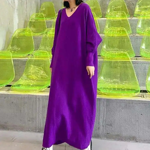 Load image into Gallery viewer, Women Purple Knitting Big Size Casual Long Sweater Dress New V-Neck Long Sleeve Fashion Tide Spring Autumn 2025 1DH7780
