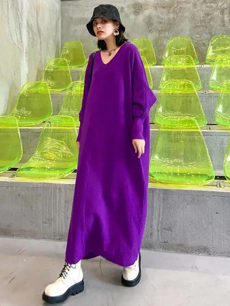 Women Purple Knitting Big Size Casual Long Sweater Dress New V-Neck Long Sleeve Fashion Tide Spring Autumn 2025 1DH7780