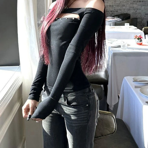 Load image into Gallery viewer, Y2k Aesthetic Women Sexy Hollow Out Rivet T-shirt Vintage Solid Streetwear Grunge Tshirts Harajuku Vintage Slash Neck Tees Femme
