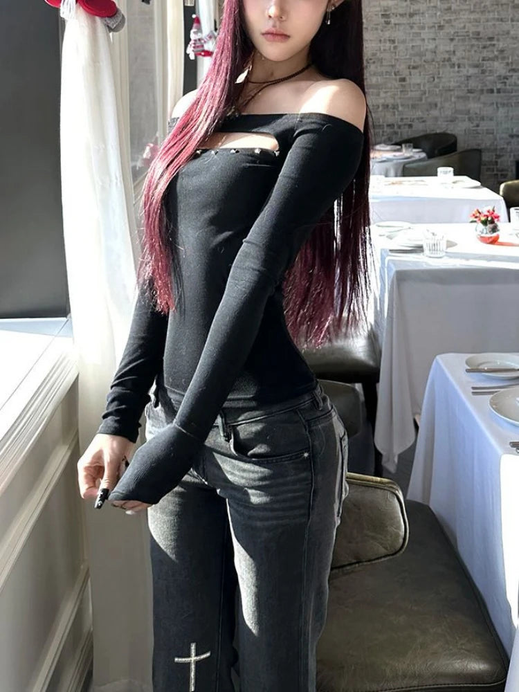 Y2k Aesthetic Women Sexy Hollow Out Rivet T-shirt Vintage Solid Streetwear Grunge Tshirts Harajuku Vintage Slash Neck Tees Femme