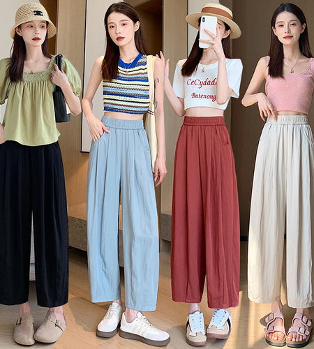 Summer Women Solid Loose Plus Size Casual High Waist Pocket Pleated Ankle-length Wide Leg Pant 2024 Ladies Versatile Popular New