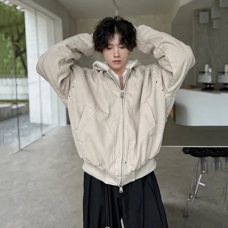 Fashion Men's Padded Jacket Hooded Solid Color Plush Thickened Male Cotton Jacket 2024 Winter Zipper Male Top 9C8758