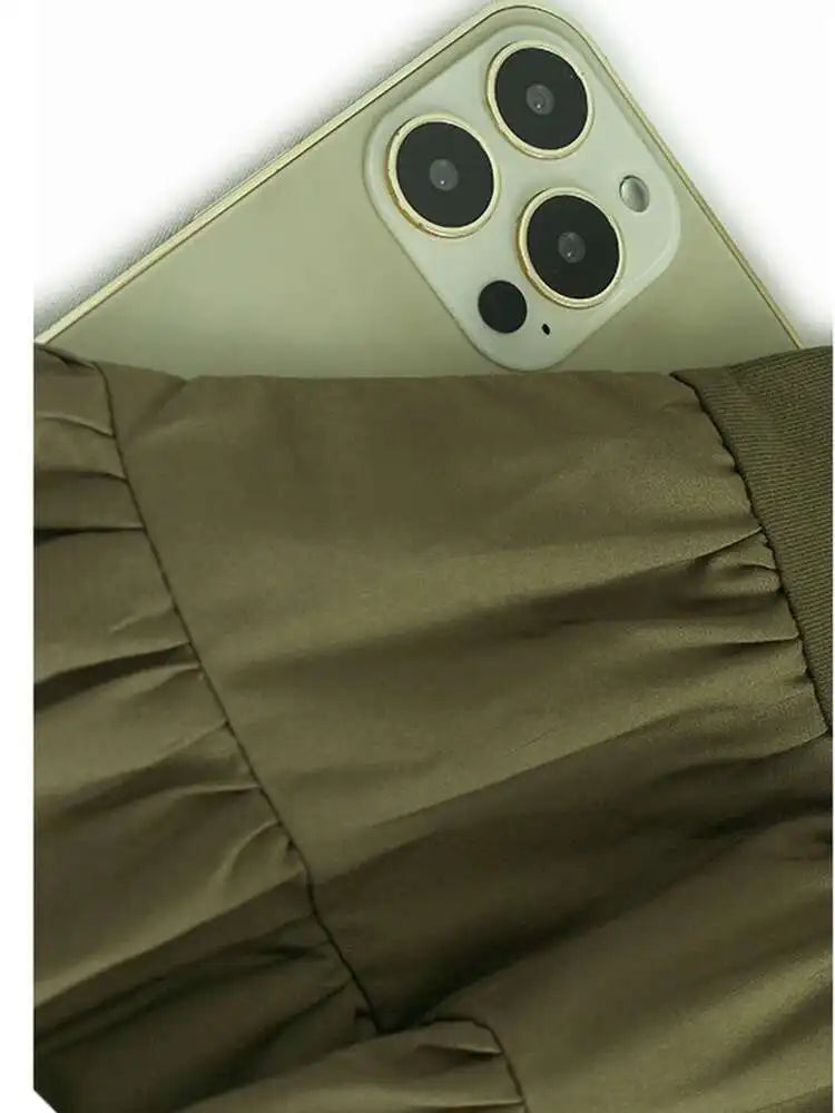 Women Army Green Pleated Hem Big Size Midi Dress New Round Neck Short Sleeve Fashion Tide Spring Summer 2025 1DJ0781