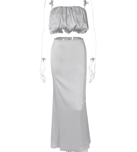 Fashion 2 Piece Sets Solid Strapless Draped Sexy Crop Top Zipper Maxi Skirt Women Clothes Birthday Party Vacation